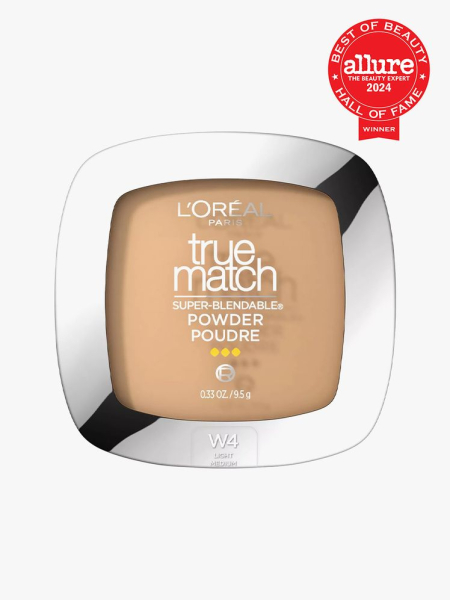 L_Oréal Paris True Match Super-Blendable Powder compact of pressed powder on light gray background with red Allure Best of Beauty Hall of Fame seal in the top right corner