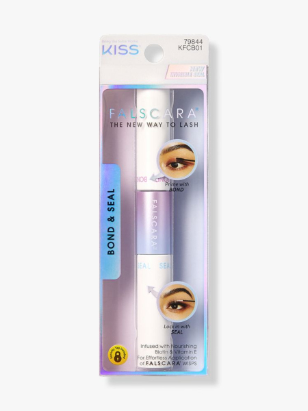 Kiss Falscara False Eyelash Bond & Seal white and lavender vial of lash glue in a box on light gray background