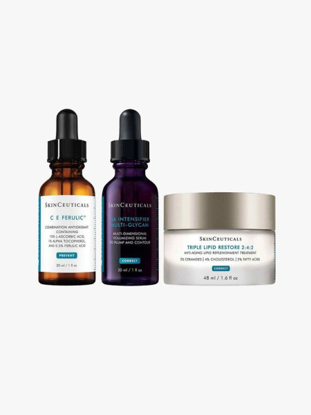 SkinCeuticals Best Sellers Discovery Set two serum bottles and a jar on light gray background
