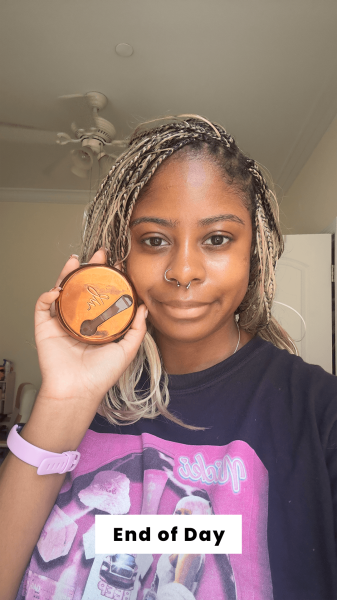 Curry at the end of the day after applying the Danessa Myricks Blurring Balm Powder