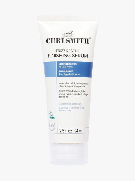 Curlsmith Frizz Rescue Finishing Serum in branded tube component on a light gray background
