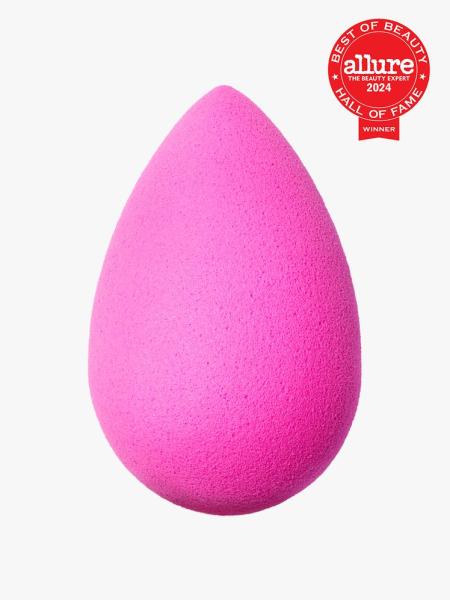 Beautyblender Original Makeup Sponge pink makeup sponge on light gray background with red Allure Best of Beauty Hall of Fame seal in the top right corner