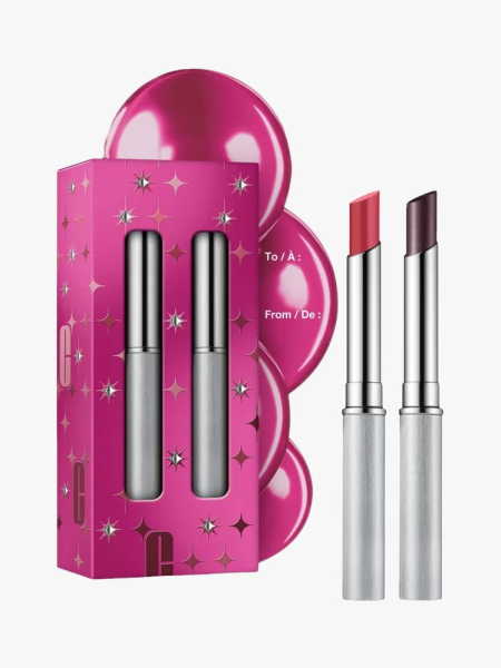 Clinique Almost Lipstick in Black Honey and Pink Honey Stocking Stuffer in branded components on a light gray background