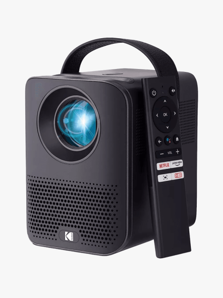 Kodak FLIK HD9 Smart Projector in branded cube component on a light gray background
