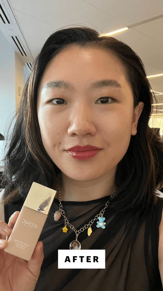 Han after applying the Iconic London Super Smoother Blurring Skin Tint