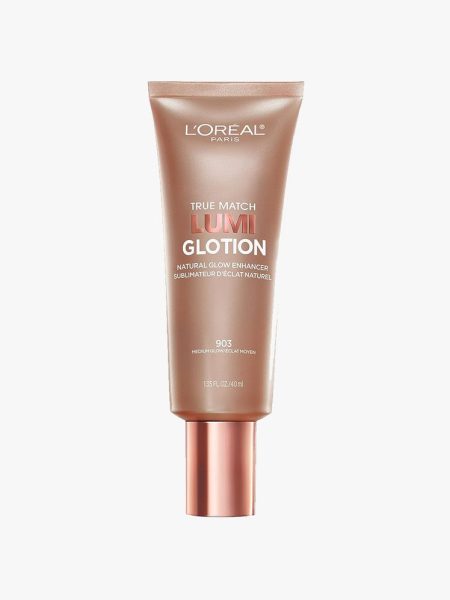 A champagne-colored tube of the L'Oréal Paris True Match Lumi Glotion on a light gray background