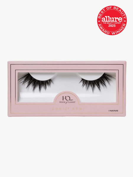 House of Lashes Iconic line pink box of false eyelashes on light gray background with red Allure Best of Beauty seal in the top right corner